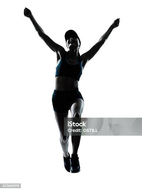 Woman Runner Jogger Jumping Happy Silhouette Stock Photo - Download Image Now - Women, One Woman Only, Winning