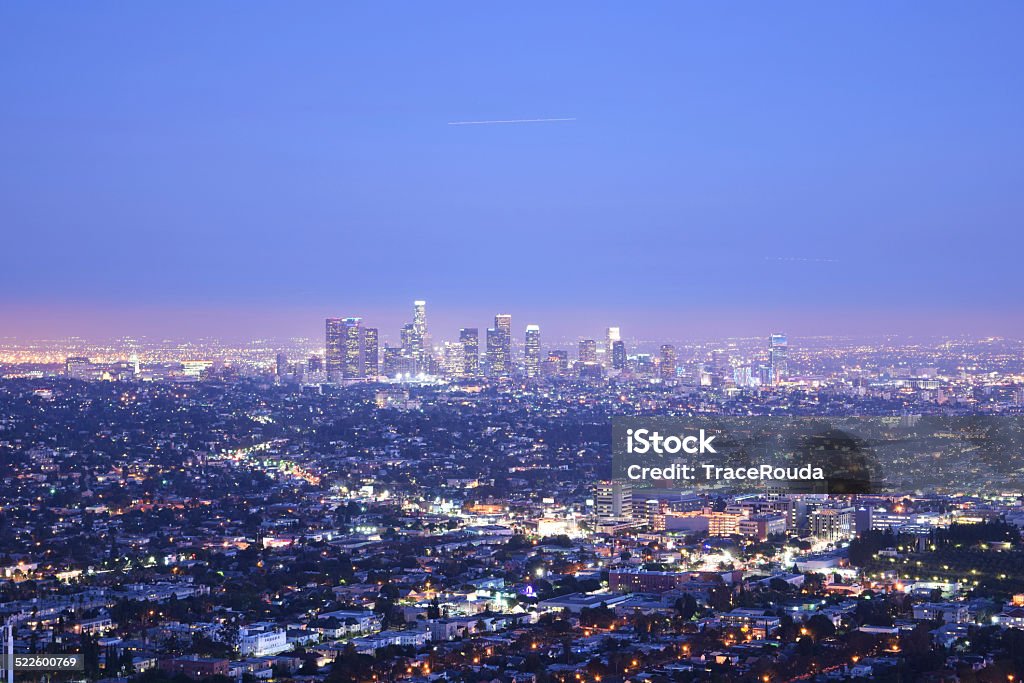 Downtown Los Angeles at Night The sun sets in the City of Angeles on a summer evening.  City Of Los Angeles Stock Photo