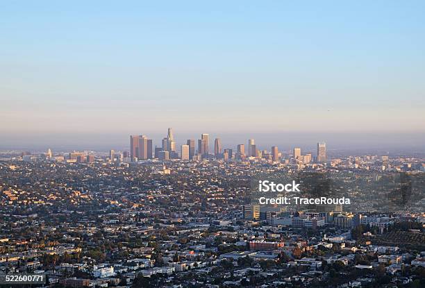 Downtown Los Angeles At Sunset Stock Photo - Download Image Now - Aerial View, California, City
