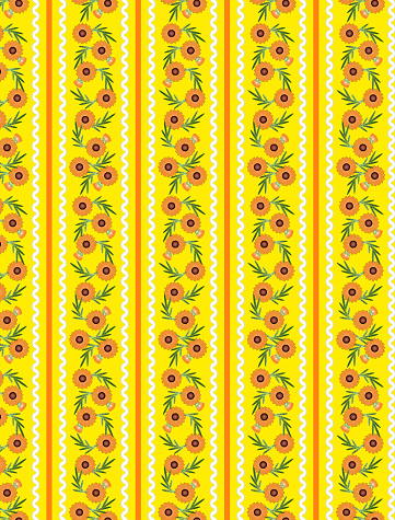 Jpg.  Yellow Striped Wallpaper pattern with orange flowers, ric rac trim and quilting stitching.