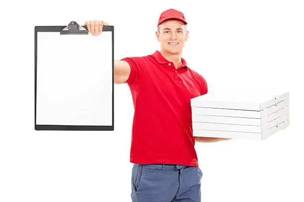 Photo of Pizza delivery guy holding a clipboard