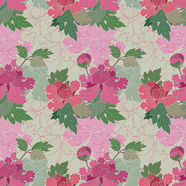 레드 페인팅되어 peonies (연속무늬 기모노 스타일) - backgrounds green pink silk stock illustrations