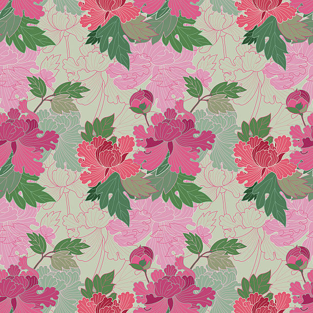 czerwony i różowy peonies (bezszwowe wzór kimono styl) - computer graphic leaf pink design stock illustrations