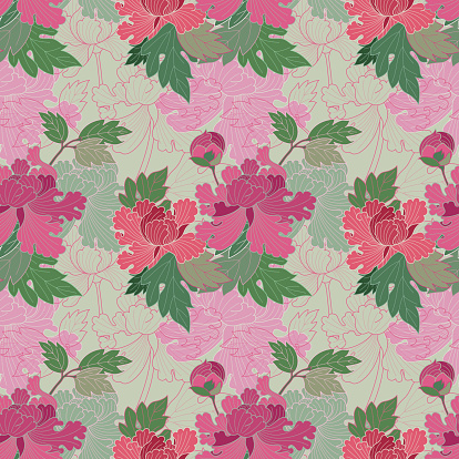 Vector illustration of seamless, Japanese textile design with colorful peonies (paeonia) in a „silk kimono-style“.