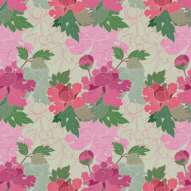Vector illustration of Red and pink peonies (Seamless pattern kimono style)