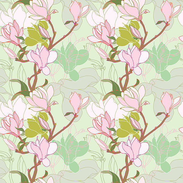 magnolia zweig auf sage, grünem hintergrund (seamless pattern kimono-stil) - backgrounds green pink silk stock-grafiken, -clipart, -cartoons und -symbole