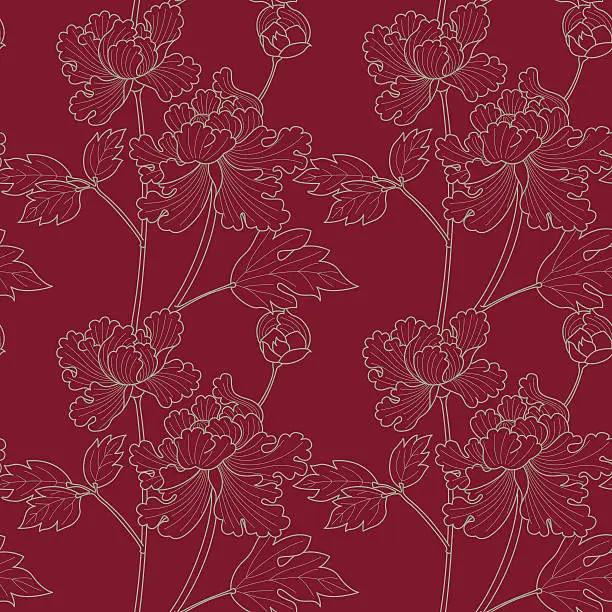 Vector illustration of Bright peoniy drawing on ruby background (Seamless pattern kimono style)