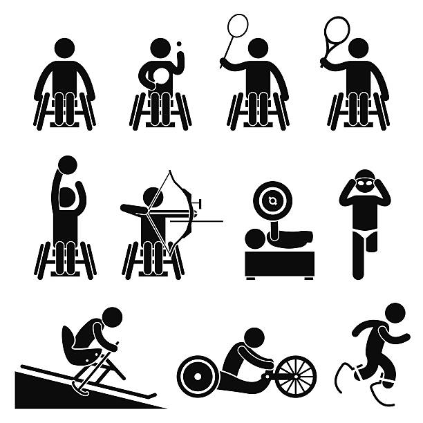 Disable Handicap Sport Paralympic Games A set of human pictogram representing paralympic disable games handicap sports such as table tennis, badminton, tennis, basketball, archery, weightlifting, swimming, skiing, track race, running, and sprinting. adaptive athlete stock illustrations