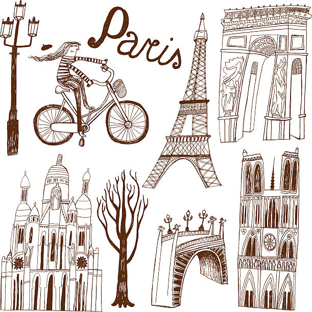 Paris in France monuments: Eiffel Tower, Arc de Triomphe Vector file of hand drawn monuments and buildings of Paris in France pont alexandre iii stock illustrations