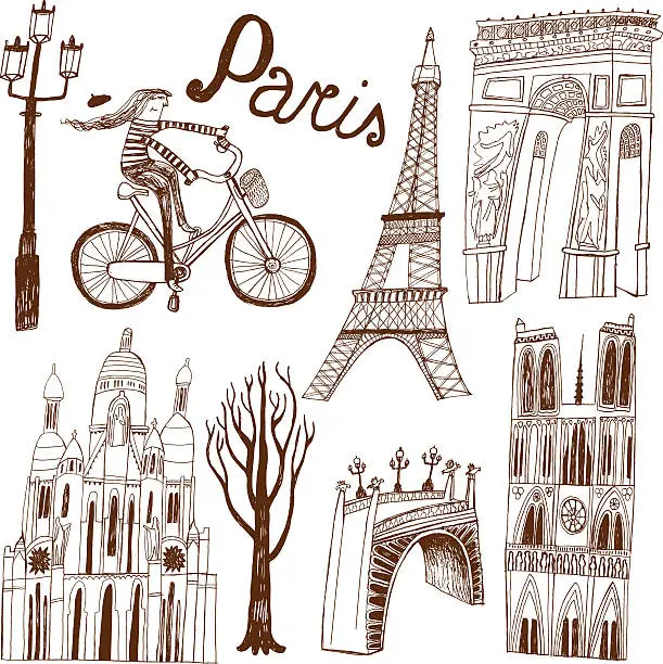 Vector illustration of Paris in France monuments: Eiffel Tower, Arc de Triomphe