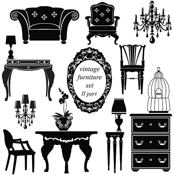 Vector illustration of Set of antique furniture - isolated black silhouettes