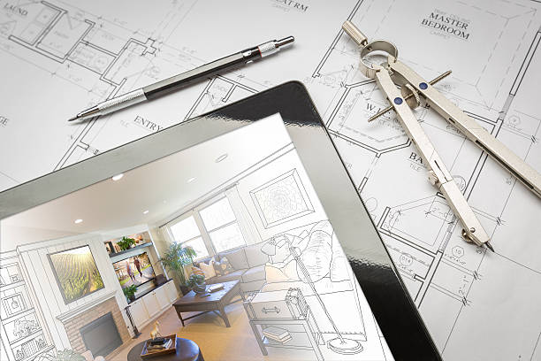 istock Computer Tablet Showing Room Illustration On House Plans, Pencil 522619646
