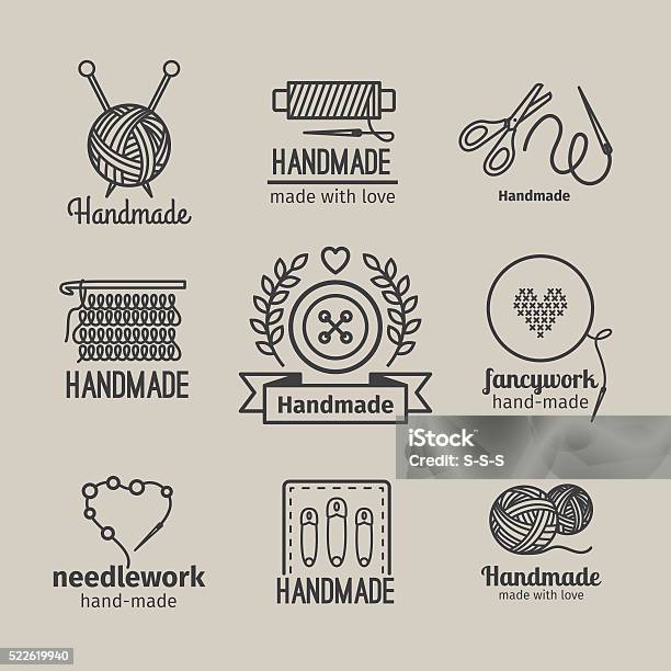 Handmade Line Vintage Logo Set Stock Illustration - Download Image Now - Knitting, Craft, Icon Symbol