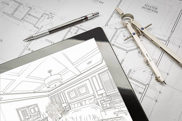 istock Computer Tablet Showing Room Illustration On House Plans, Pencil 522620132