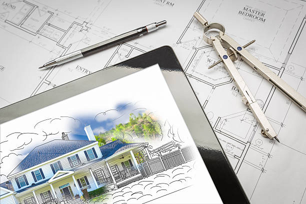 istock Computer Tablet Showing House Illustration On House Plans, Penci 522620144