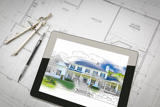 istock Computer Tablet Showing House Illustration On House Plans, Penci 522620694