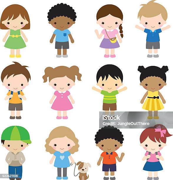 Set Of 12 Kid Characters Stock Illustration - Download Image Now - Girls, Child, Teenage Girls
