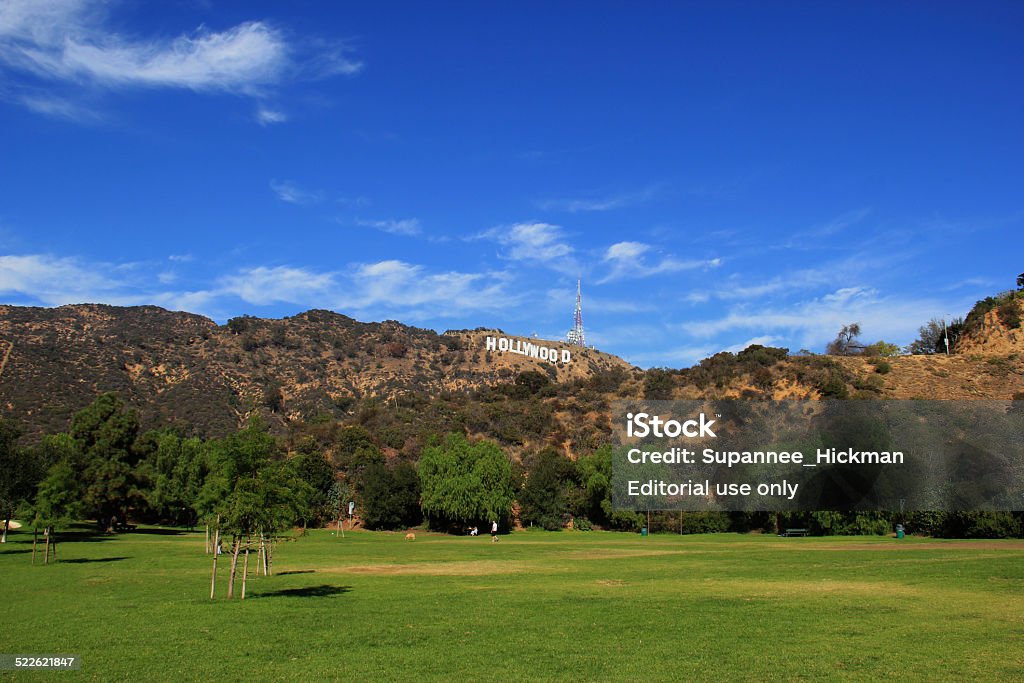 Hollywood Sign Los Angeles, California, USA - November 10, 2014: The Hollywood Sign, viewed from Lake Hollywood Park, is a landmark and American cultural icon located on Mount Lee in the Hollywood Hills area of the Santa Monica Mountains in Los Angeles, California. TCL Chinese Theatre Stock Photo