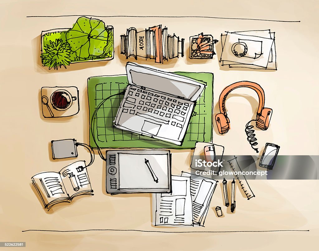 working table top view illustration working table top view doodle sketch illustration Book stock illustration