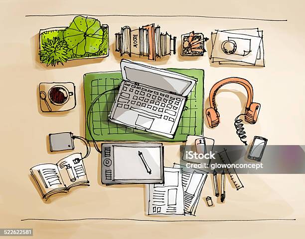 Working Table Top View Illustration Stock Illustration - Download Image Now - Book, Building Exterior, Business