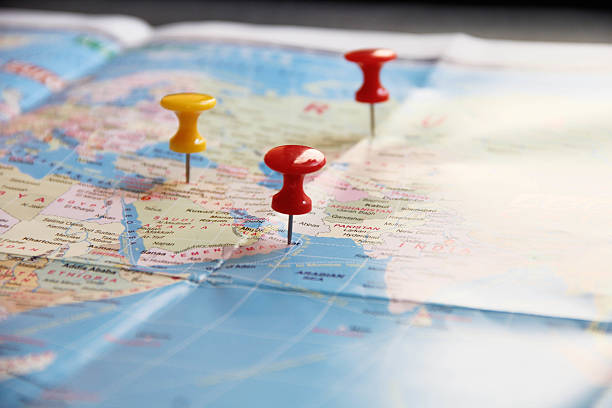 istock Blue world map with colorful Straight Pin 522623495