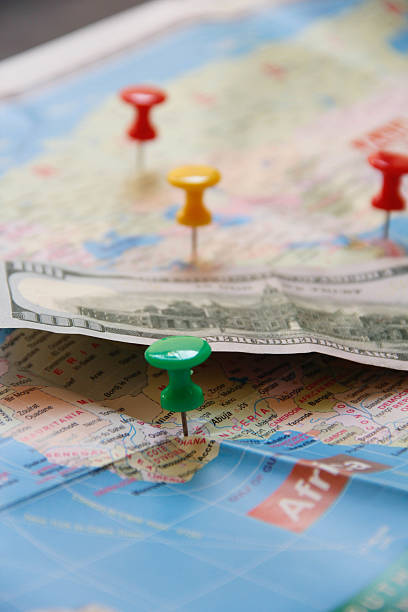 istock Blue world map with colorful Straight Pin 522623505