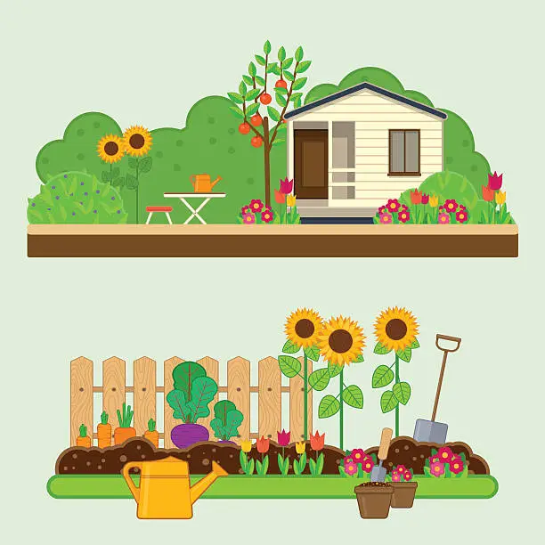 Vector illustration of Gardening set. Illustrations with garden, cottage and garden tools