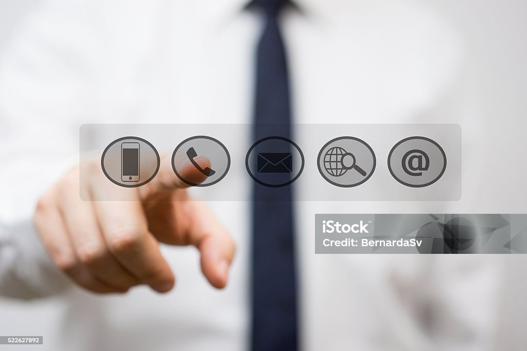 Entrepreneur is pressing virtual support and service buttons Advice Stock Photo