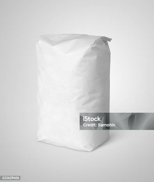 White Blank Paper Bag Package Of Flour On Gray Stock Photo - Download Image Now - Flour, Packaging, Package