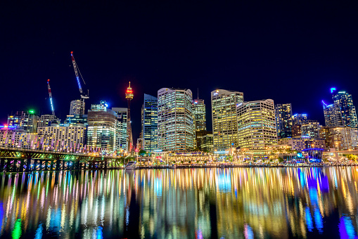 Sydney, Australia - November 10, 2015: Darling Harbour skyline view at night time. Long exposure camera settings applied.