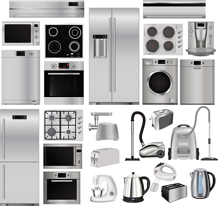 Home appliances. Set of household kitchen technics: microwave and oven, dishwasher, vacuum cleaner, refrigerator, washing machine, kettle. Vector illustration isolated on white background