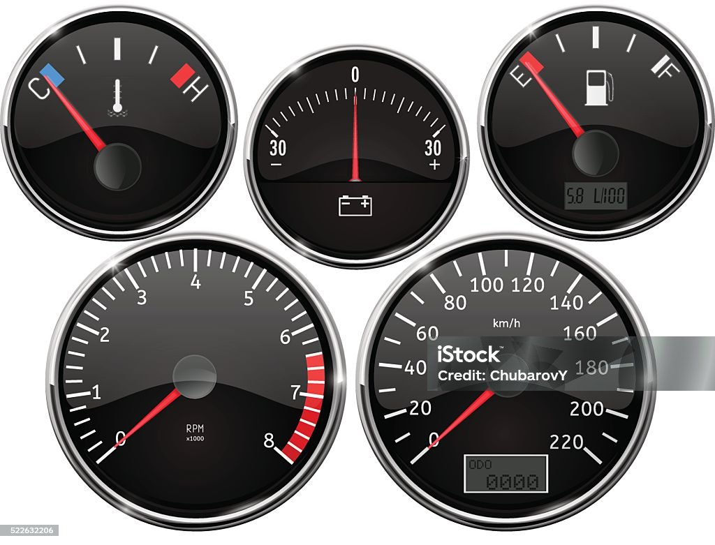 Dashboard - fuel gauge, tachometer, speedometer etc. Set of dashboard measuring devices - fuel gauge, tachometer, speedometer, odometer. Vector illustration isolated on white background At The Edge Of stock vector