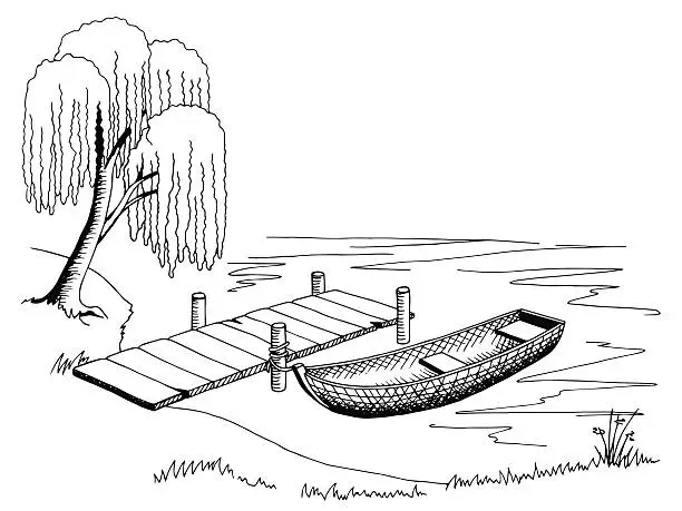 Vector illustration of Boat pier graphic art black white landscape illustration vector