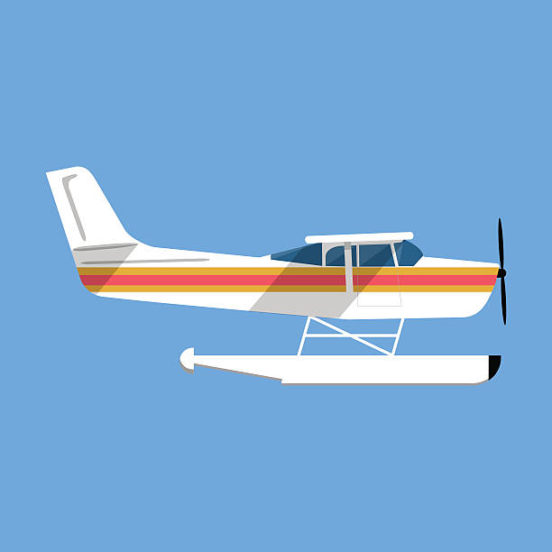 Small amphibian seaplane Small amphibian seaplane. plane icon. white sea plane in flat style isolated on blue background ultralight stock illustrations