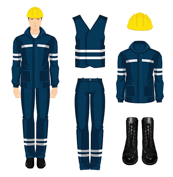 Vector illustration of Man worker in protective wear and helmet.