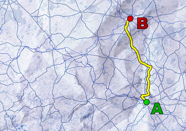 Symbolic representation of the distance between two points on a map sheet of paper simulation. Top view
