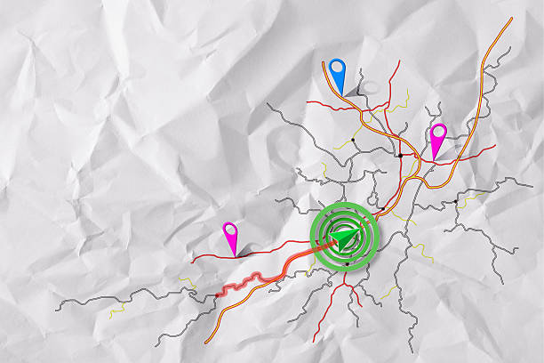Cartographic illustrations map navigation on crumpled sheet of paper with vehicle tracing the distance.