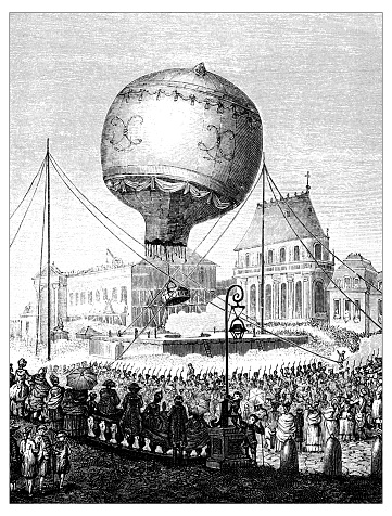 Antique illustration of 18th century French	hot-air balloon in the air: crowd watching the balloon going up in a city square (from a 18th century engraving)