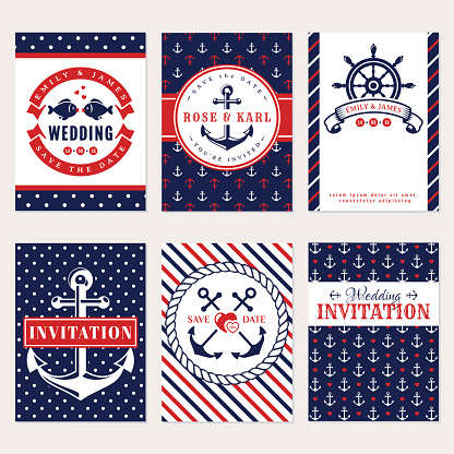 Nautical wedding invitation cards. Sea theme wedding party. Collection of elegant banners in white, red and blue colors. Vector set.