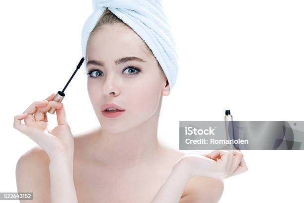 Woman Applying Black Mascara Stock Photo - Download Image Now - Fashion Model, Mascara, White Color