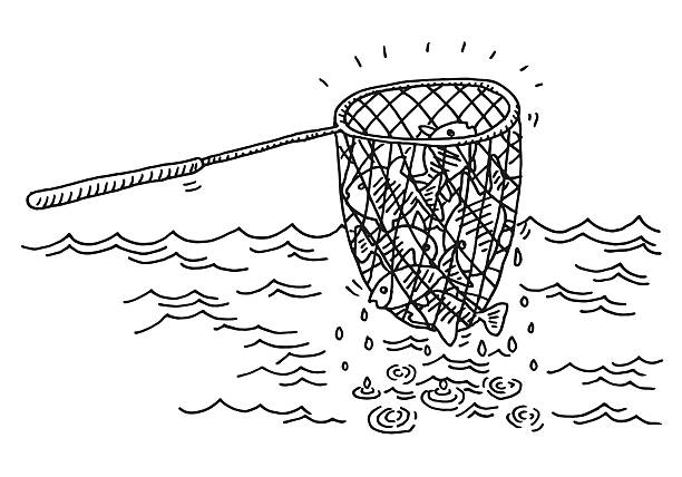 Fishing Net Catch Sea Drawing Hand-drawn vector drawing of a Fishing Net with a successful Catch at the Sea. Black-and-White sketch on a transparent background (.eps-file). Included files are EPS (v10) and Hi-Res JPG. fish clip art black and white stock illustrations