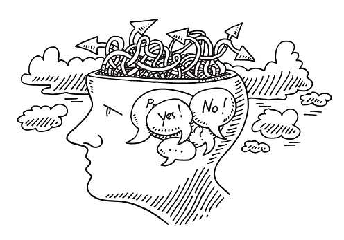 Hand-drawn vector drawing of a Thinking Uncertainty Concept with a Head, Speech Bubbles, Arrows and Clouds. Black-and-White sketch on a transparent background (.eps-file). Included files are EPS (v10) and Hi-Res JPG.