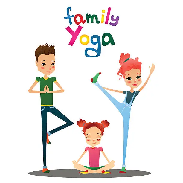 Vector illustration of Vector Cartoon Family Yoga Illustration with Cartoon Family Characters