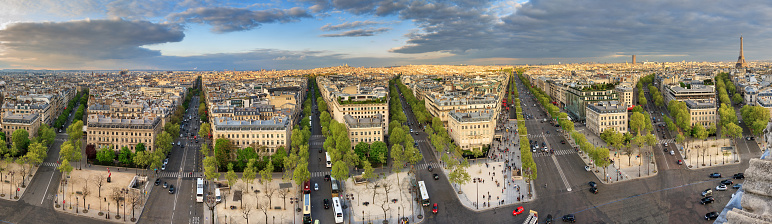 Beautiful panoramic view of the skyline of Paris, seen from the Arc de Triomphe in Paris, France
