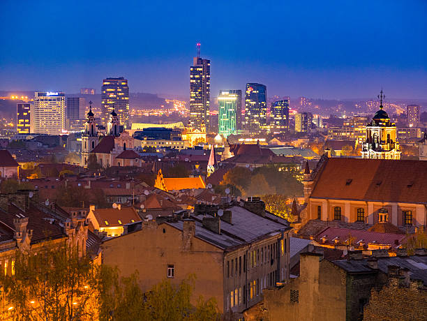Vilnius, Lithuania - October 14, 2014: View of the buildings and houses in Vilnius, Lithuania at night.