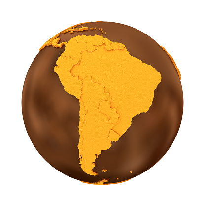 South America on chocolate model of planet Earth. Sweet crusty continents with embossed countries and oceans made of dark chocolate. 3D illustration isolated on white background.