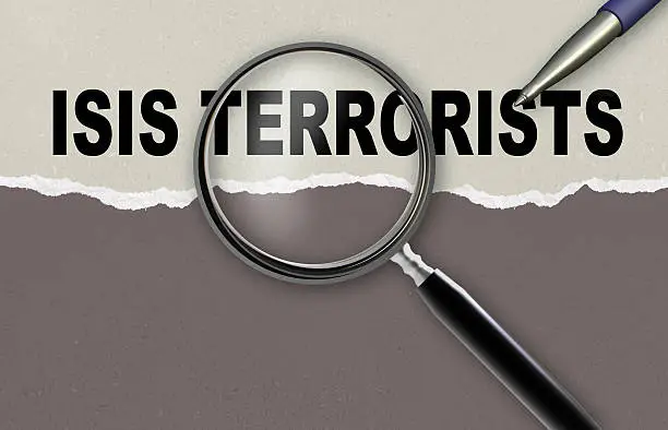 word ISIS TERRORISTS and magnifying glass with pencil made in 2d software