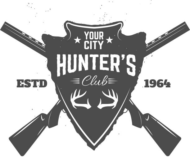 Hunter's club label template. Grunge style emblem with two guns. Hunting. Design element in vector.