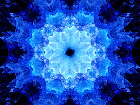 Blue glowing mandala artwork, computer generated abstract background