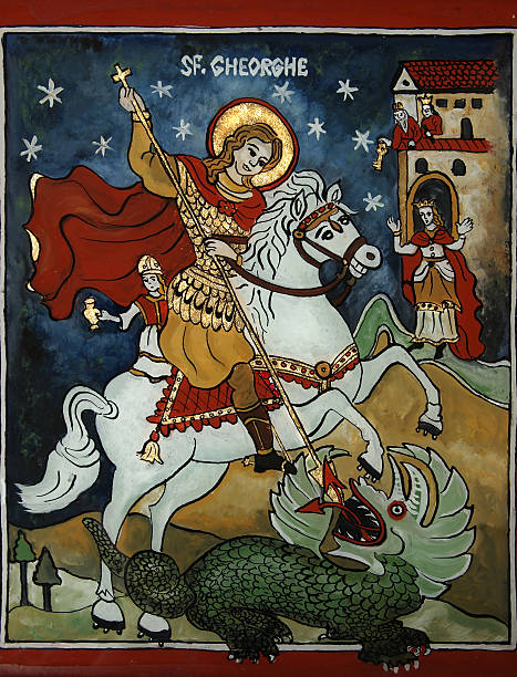 icona di saint george su cavallo bianco uccidere il drago - st george foto e immagini stock